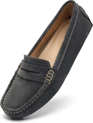 Osslue Women's Suede Leather Casual Penny Loafers Retro Ladies Moccasins Driving Mocs Comfort Slip-On Fashion Boat Shoes Classic Flats