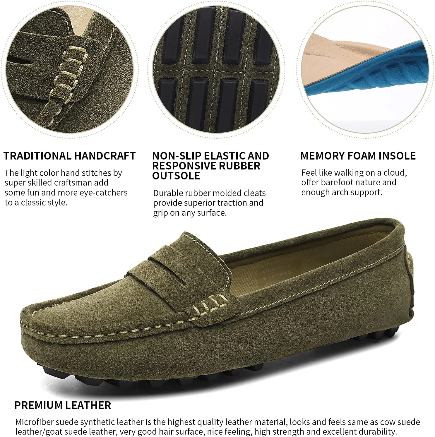 Osslue Women's Suede Leather Casual Penny Loafers Retro Ladies Moccasins Driving Mocs Comfort Slip-On Fashion Boat Shoes Classic Flats