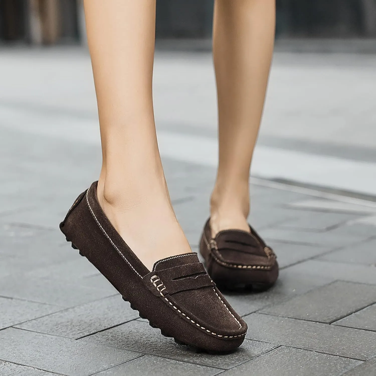 Osslue Women's Suede Leather Casual Penny Loafers Retro Ladies Moccasins Driving Mocs Comfort Slip-On Fashion Boat Shoes Classic Flats