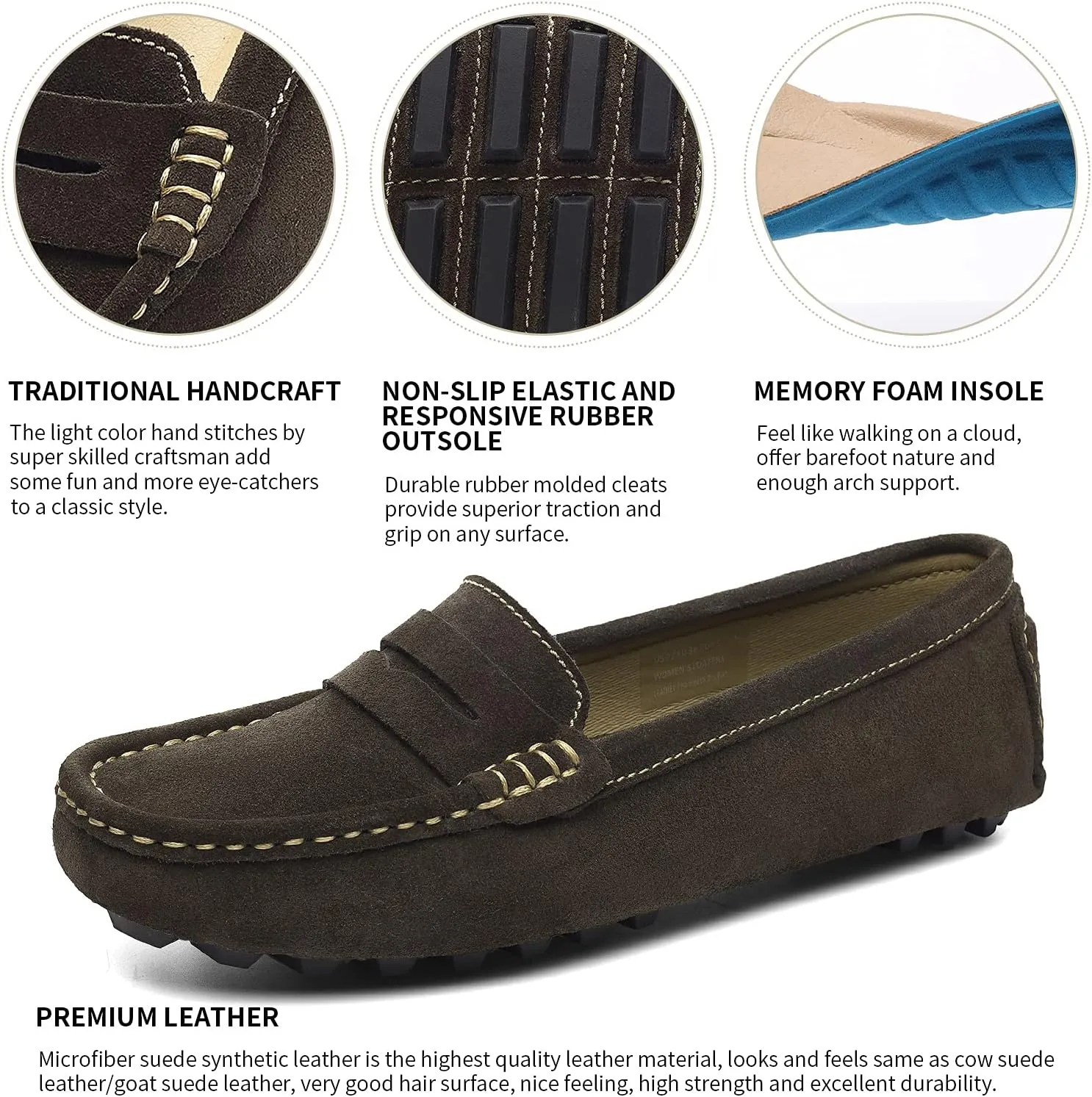 Osslue Women's Suede Leather Casual Penny Loafers Retro Ladies Moccasins Driving Mocs Comfort Slip-On Fashion Boat Shoes Classic Flats