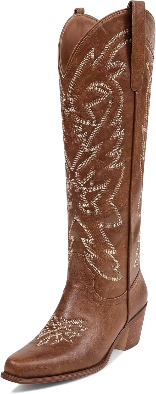 Ouepiano Cowboy Boots for Women Cowgirl Knee High Boots with Classic Embroidered Pull On & Side Zipper Pointed Toe Chunky Heel Vintage Country Western Botas