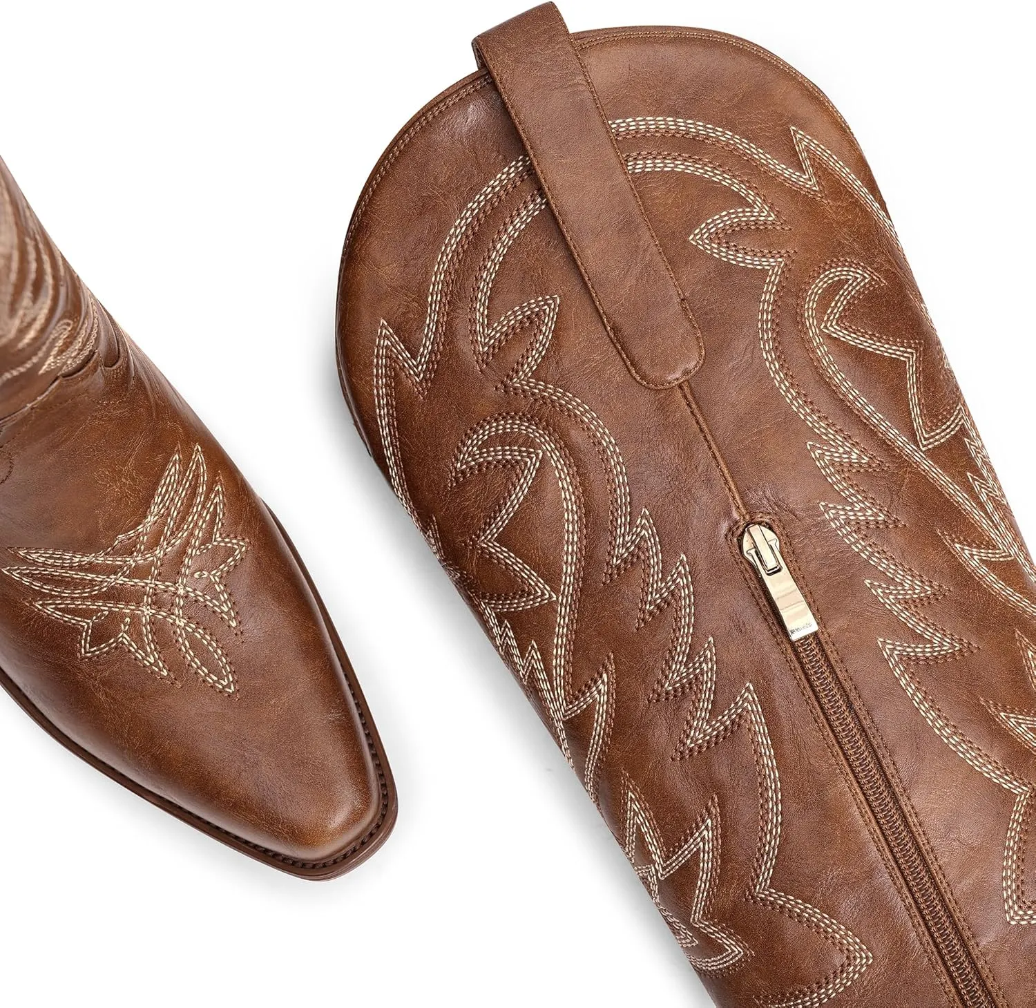 Ouepiano Cowboy Boots for Women Cowgirl Knee High Boots with Classic Embroidered Pull On & Side Zipper Pointed Toe Chunky Heel Vintage Country Western Botas
