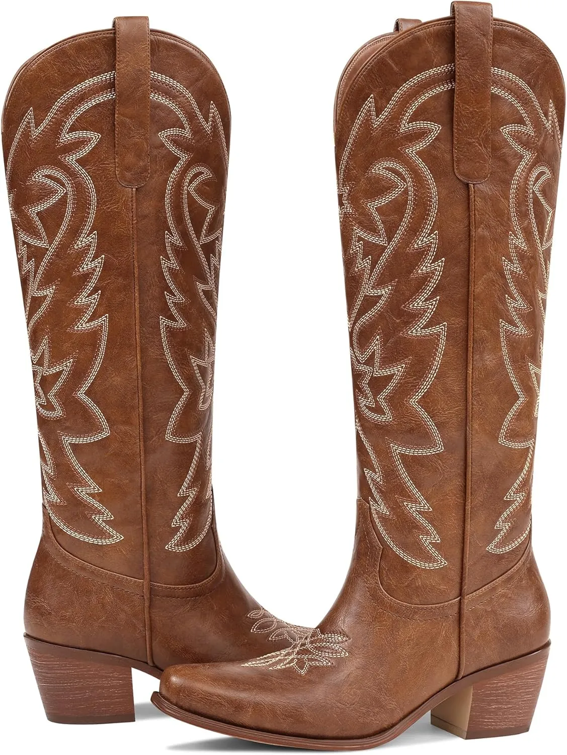 Ouepiano Cowboy Boots for Women Cowgirl Knee High Boots with Classic Embroidered Pull On & Side Zipper Pointed Toe Chunky Heel Vintage Country Western Botas