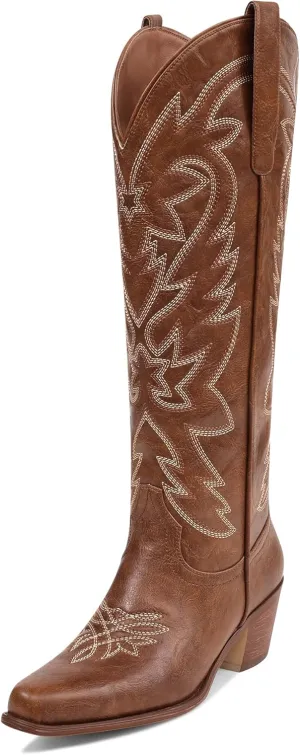 Ouepiano Cowboy Boots for Women Cowgirl Knee High Boots with Classic Embroidered Pull On & Side Zipper Pointed Toe Chunky Heel Vintage Country Western Botas