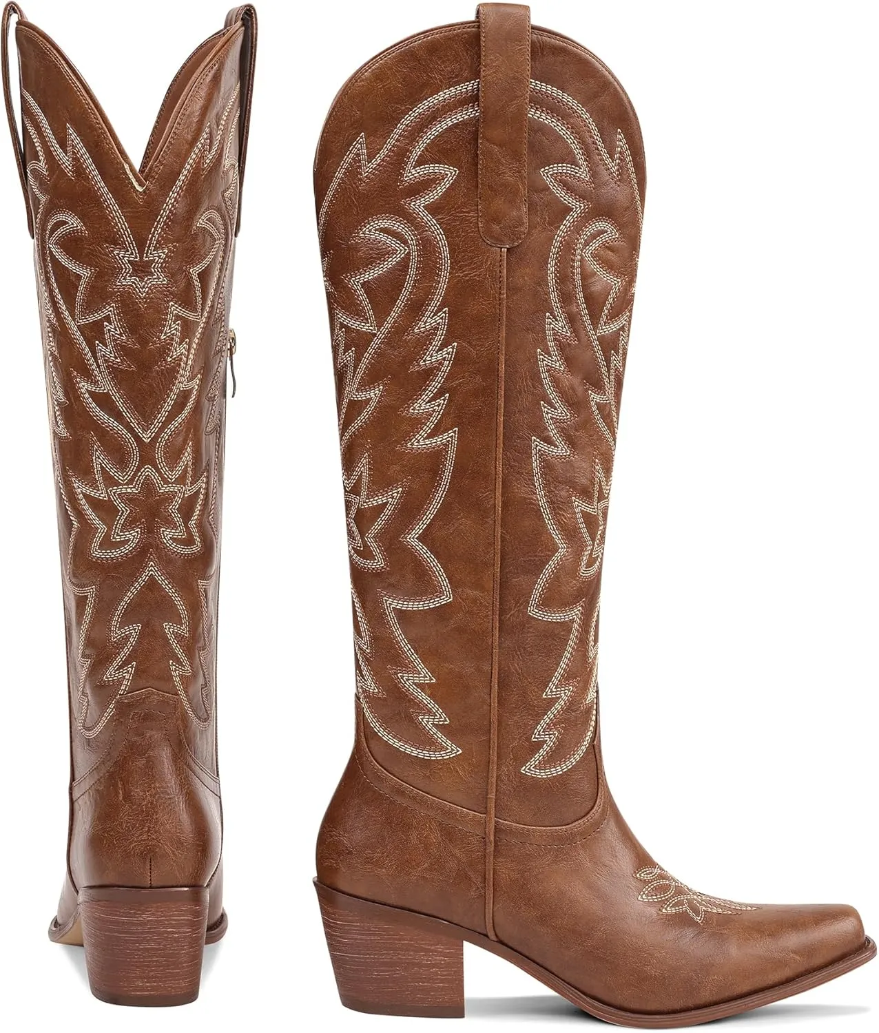 Ouepiano Cowboy Boots for Women Cowgirl Knee High Boots with Classic Embroidered Pull On & Side Zipper Pointed Toe Chunky Heel Vintage Country Western Botas