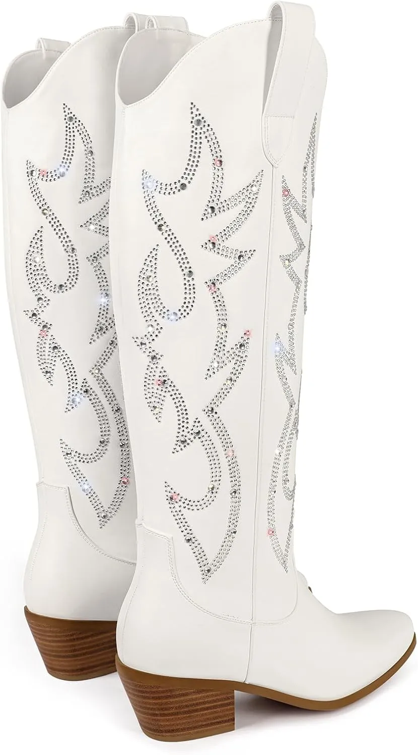 Ouepiano Cowboy Boots for Women Knee High Cowgirl Boots Embroidered Chunky Heels Pointed Toe Long Tall Western Boot Pull On