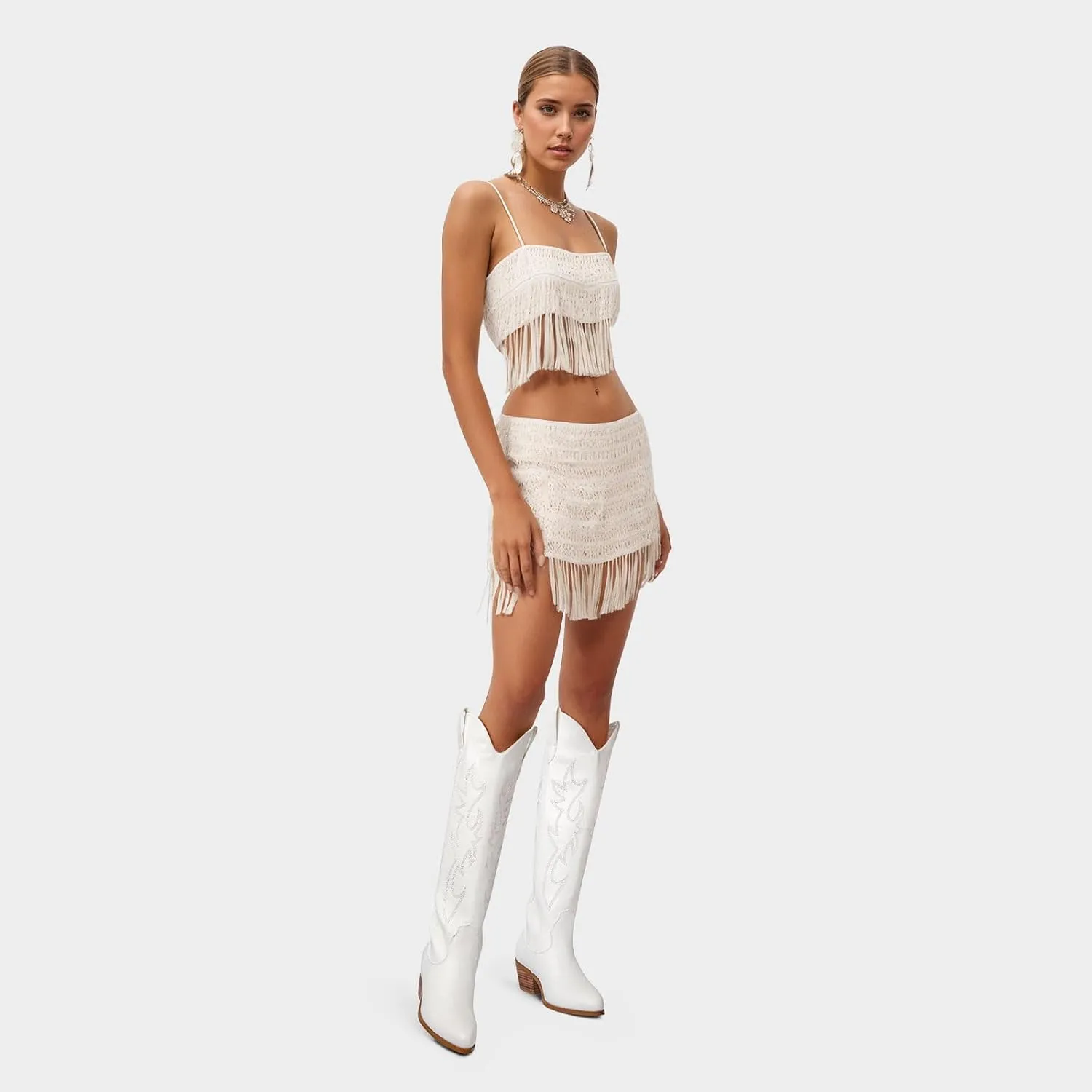 Ouepiano Cowboy Boots for Women Knee High Cowgirl Boots Embroidered Chunky Heels Pointed Toe Long Tall Western Boot Pull On