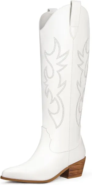 Ouepiano Cowboy Boots for Women Knee High Cowgirl Boots Embroidered Chunky Heels Pointed Toe Long Tall Western Boot Pull On