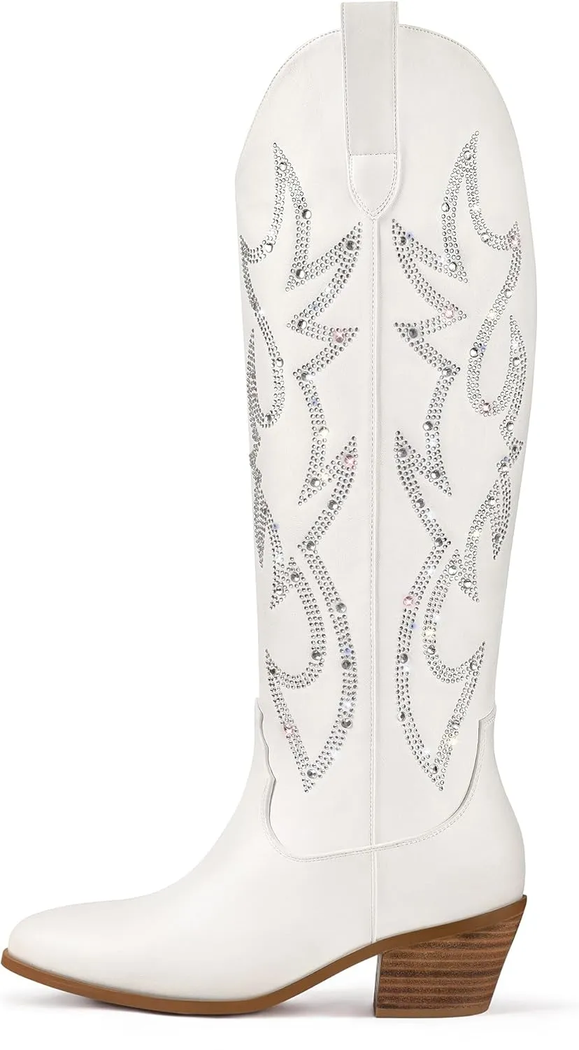 Ouepiano Cowboy Boots for Women Knee High Cowgirl Boots Embroidered Chunky Heels Pointed Toe Long Tall Western Boot Pull On