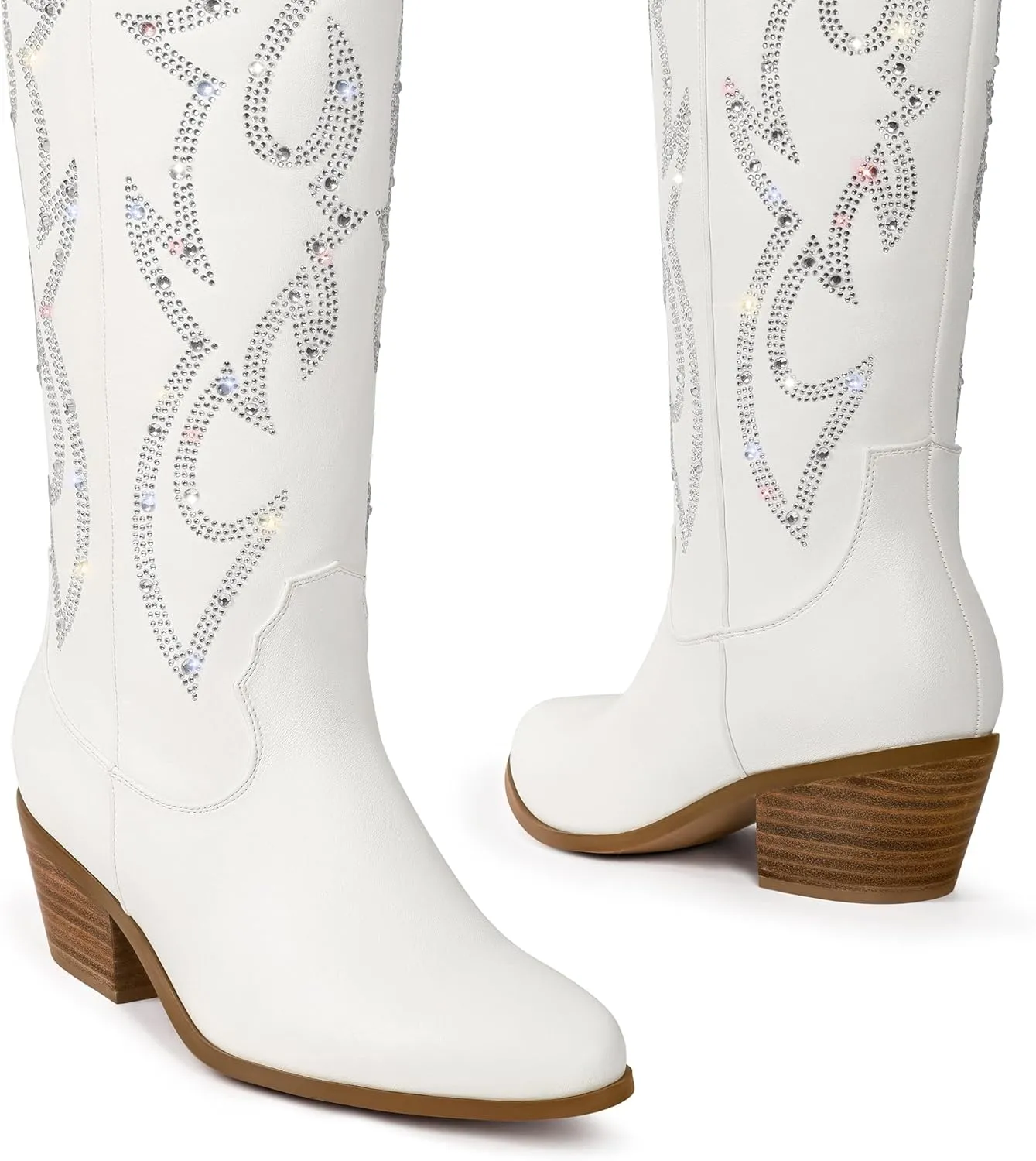 Ouepiano Cowboy Boots for Women Knee High Cowgirl Boots Embroidered Chunky Heels Pointed Toe Long Tall Western Boot Pull On