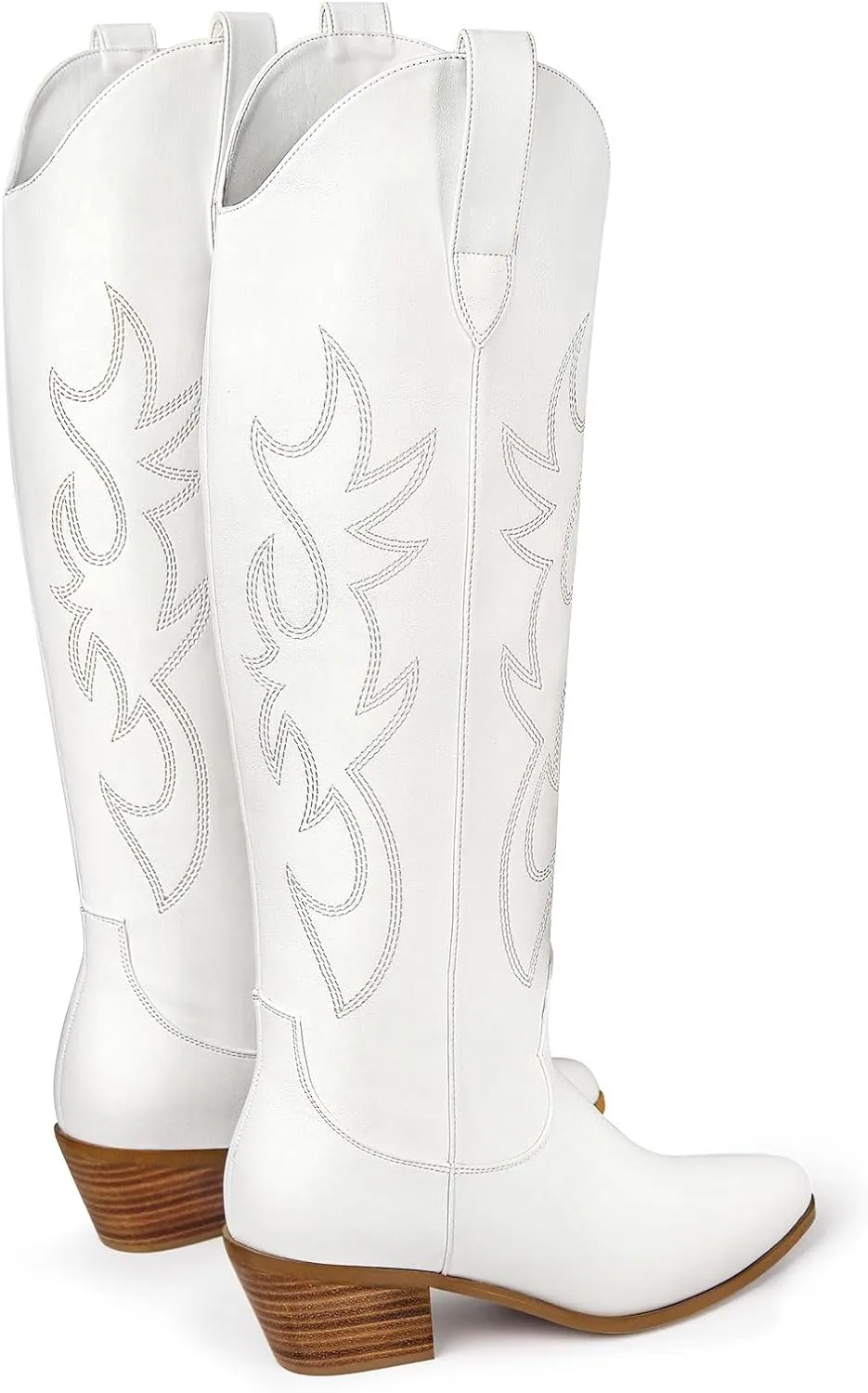 Ouepiano Cowboy Boots for Women Knee High Cowgirl Boots Embroidered Chunky Heels Pointed Toe Long Tall Western Boot Pull On
