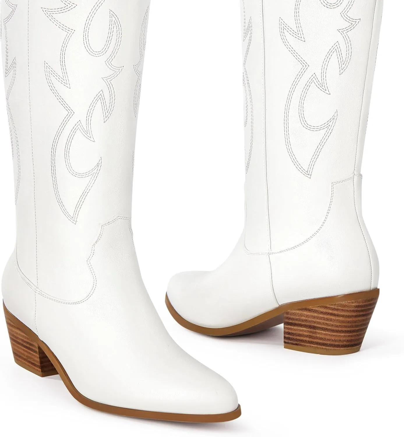 Ouepiano Cowboy Boots for Women Knee High Cowgirl Boots Embroidered Chunky Heels Pointed Toe Long Tall Western Boot Pull On