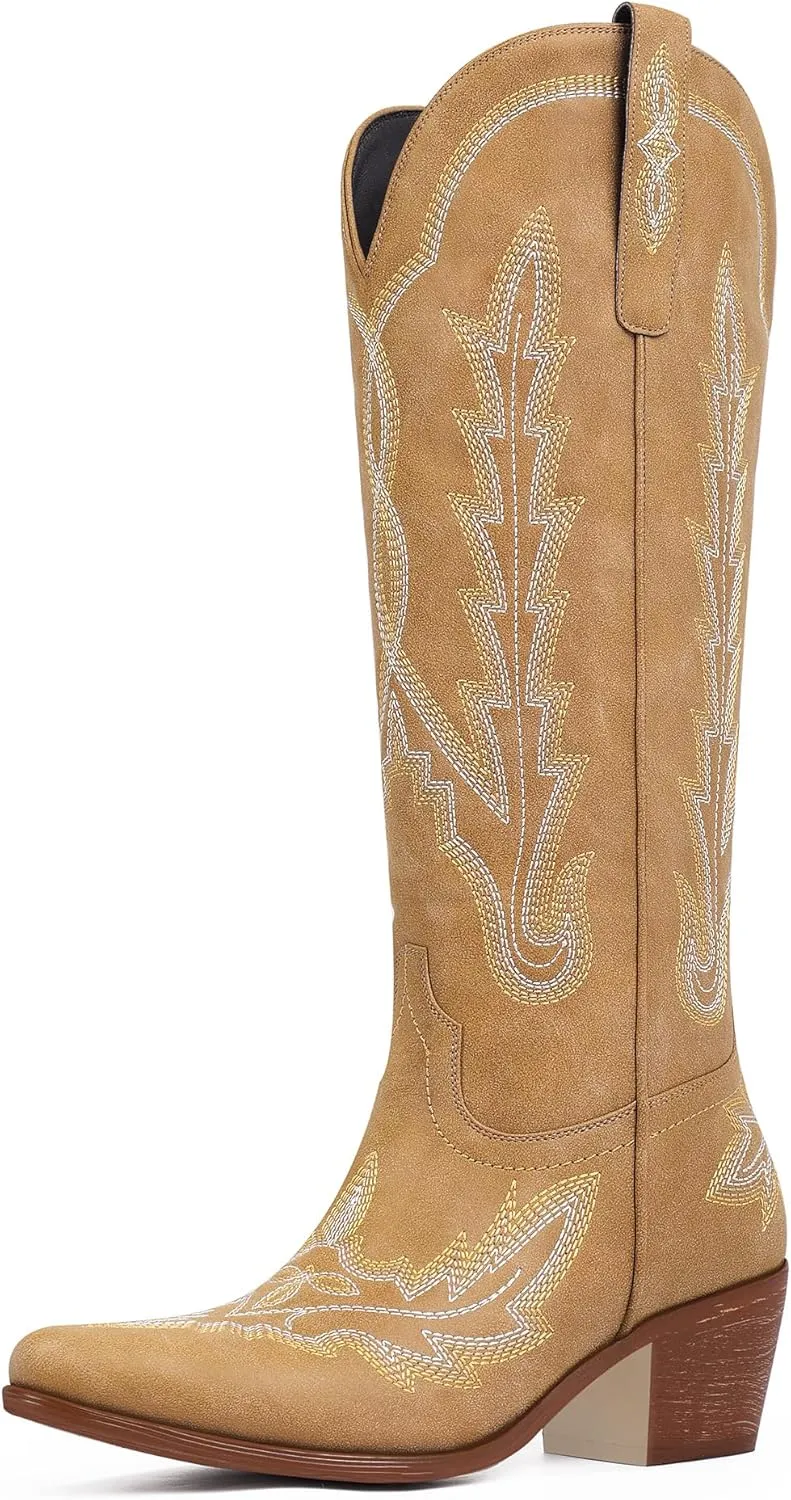 Ouepiano Cowboy Boots for Women Knee High Cowgirl Boots with Classic Embroidered Slip On Pointed Toe Chunky Heel Pull On Fashion Retro Tall Boot