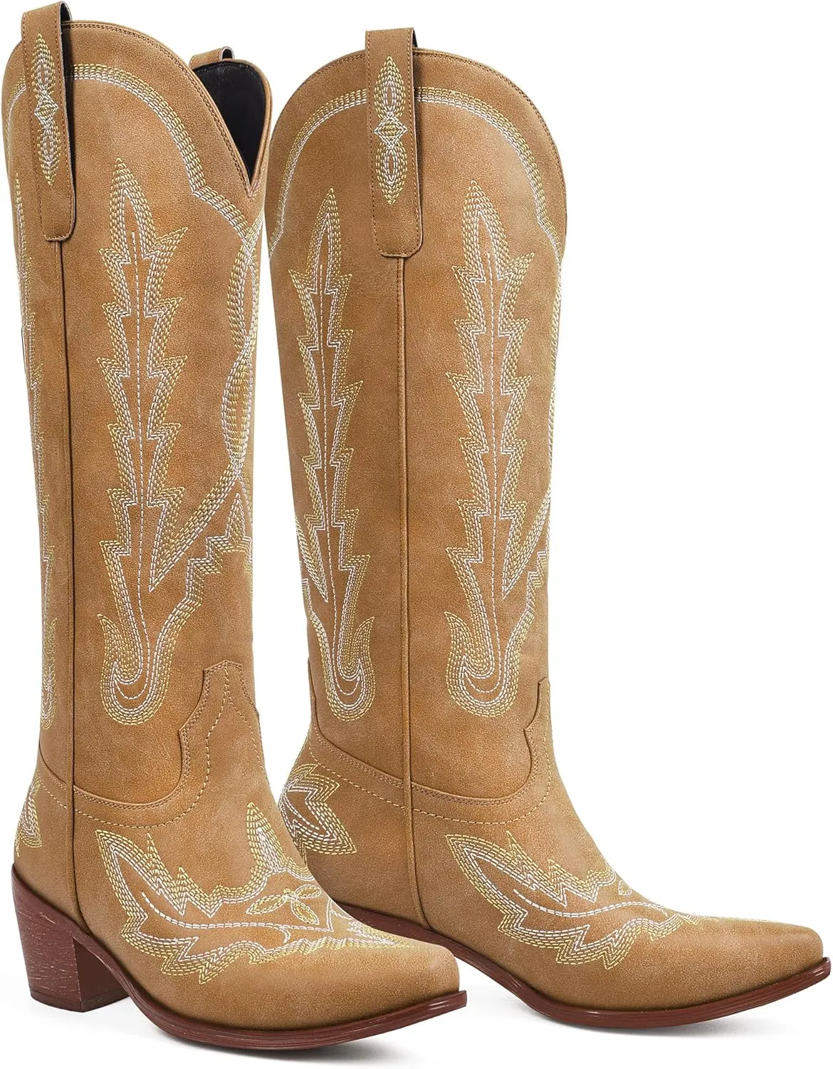 Ouepiano Cowboy Boots for Women Knee High Cowgirl Boots with Classic Embroidered Slip On Pointed Toe Chunky Heel Pull On Fashion Retro Tall Boot