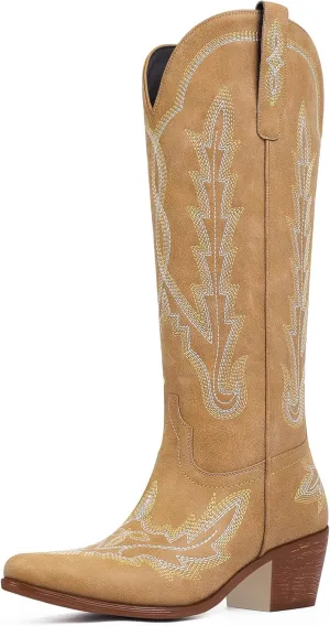 Ouepiano Cowboy Boots for Women Knee High Cowgirl Boots with Classic Embroidered Slip On Pointed Toe Chunky Heel Pull On Fashion Retro Tall Boot