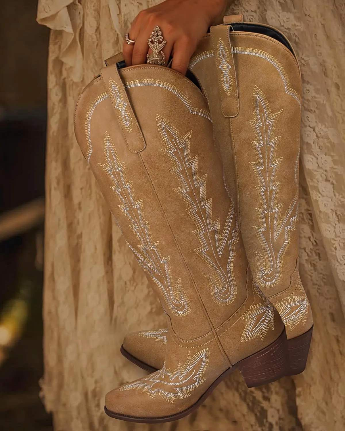 Ouepiano Cowboy Boots for Women Knee High Cowgirl Boots with Classic Embroidered Slip On Pointed Toe Chunky Heel Pull On Fashion Retro Tall Boot