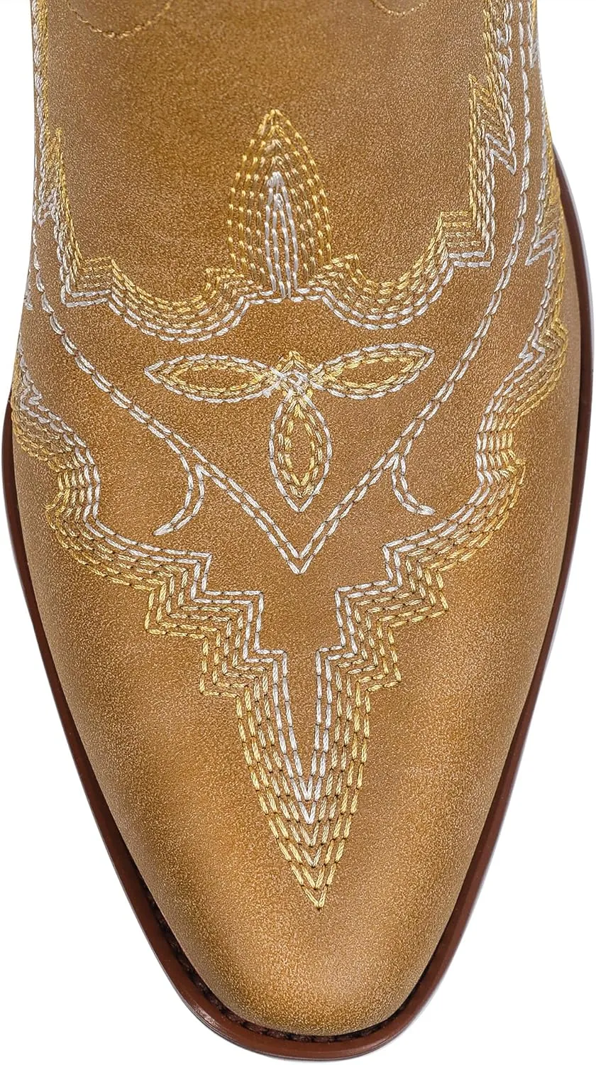 Ouepiano Cowboy Boots for Women Knee High Cowgirl Boots with Classic Embroidered Slip On Pointed Toe Chunky Heel Pull On Fashion Retro Tall Boot