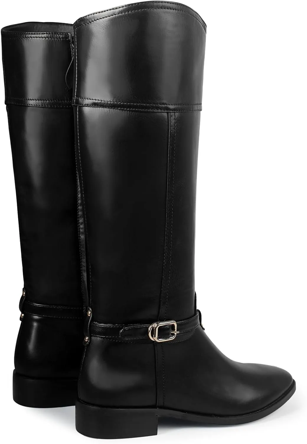 Ouepiano Women's Knee High Boots Slip On Round Toe Riding Boots Side Zipper Metal Buckle Fashion Comfortable Tall Long Boots