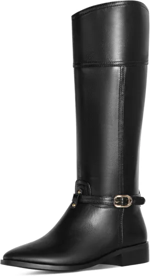 Ouepiano Women's Knee High Boots Slip On Round Toe Riding Boots Side Zipper Metal Buckle Fashion Comfortable Tall Long Boots
