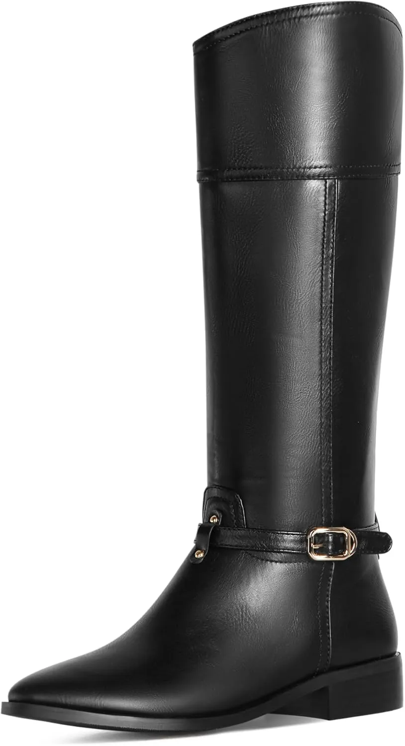 Ouepiano Women's Knee High Boots Slip On Round Toe Riding Boots Side Zipper Metal Buckle Fashion Comfortable Tall Long Boots