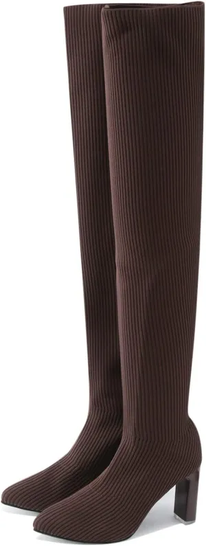 owillhua Women's Thigh High Boots Over-the-Knee Boots Stretchy Knit Round Toe Knee High Boots Black Suede Platform Boots