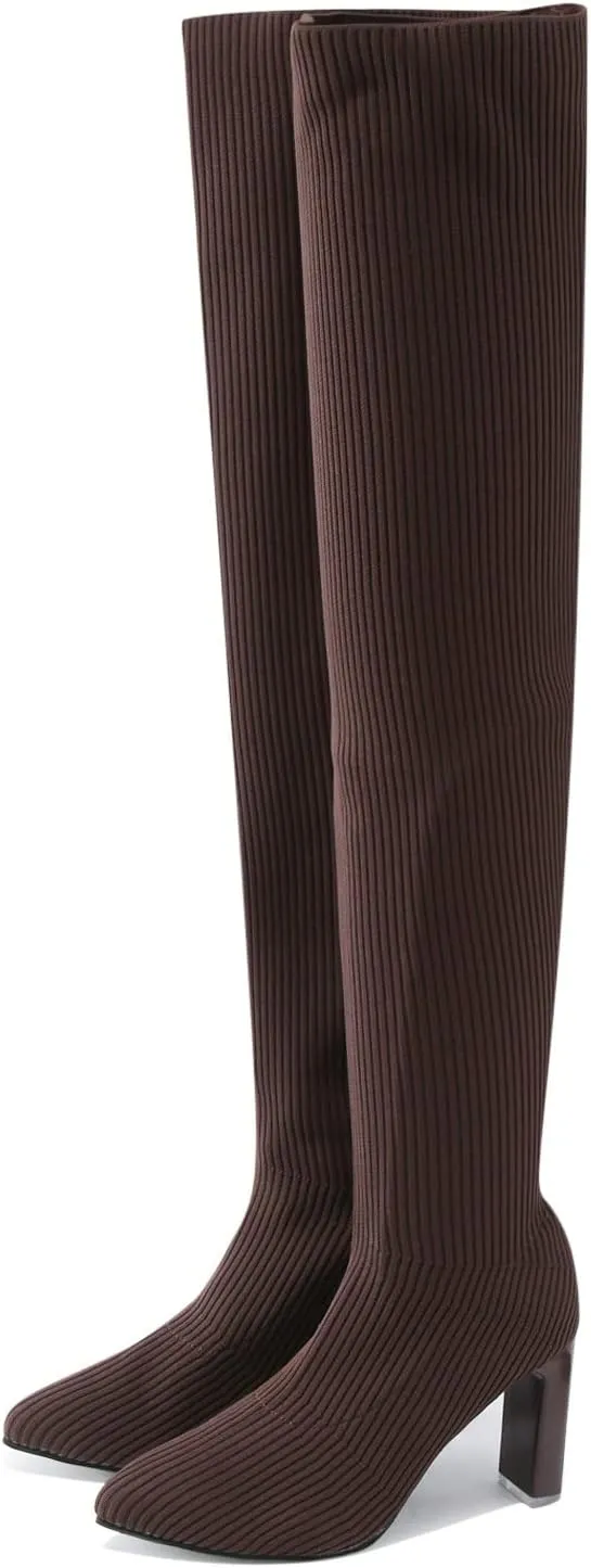 owillhua Women's Thigh High Boots Over-the-Knee Boots Stretchy Knit Round Toe Knee High Boots Black Suede Platform Boots