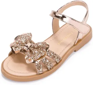 PANDANINJIA Girls Sandals, Open Toe Cute Bow Princess Girls Flats, Sparkly Summer Dress Shoes Sandals for Toddler/Little Kid/Big Kid