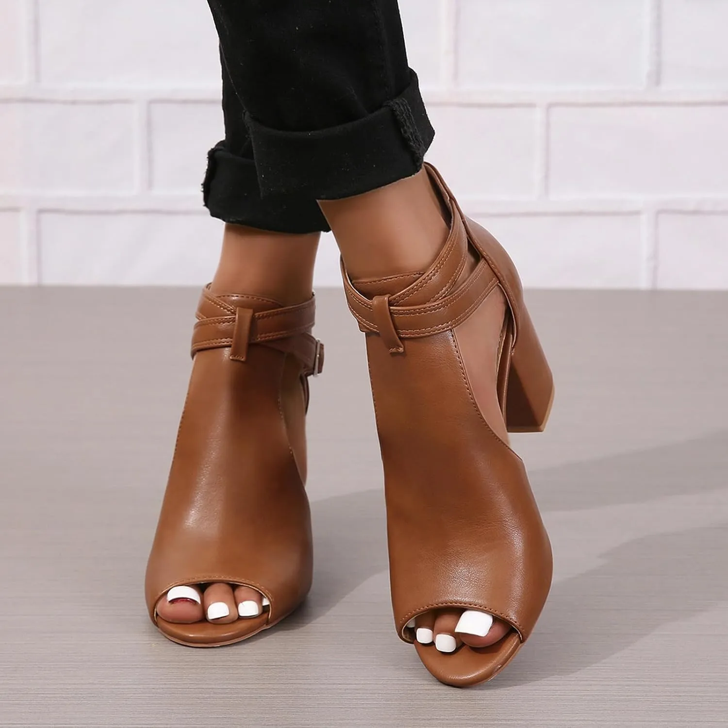 Peep Toe Heeled Sandals for Women Open Toe Side Cutout Chunky Heels Adjustable Ankle Buckle Summer Booties US5-11