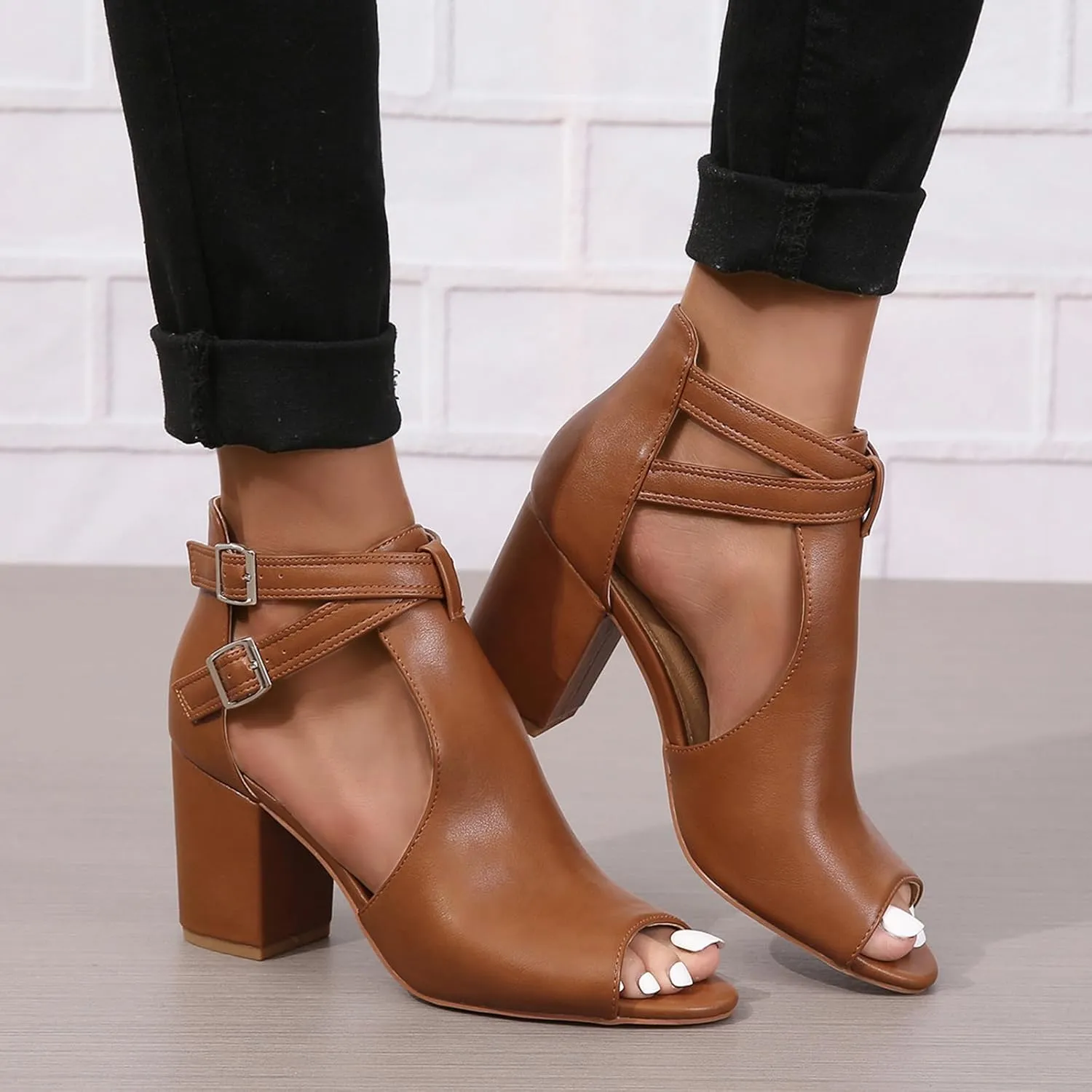 Peep Toe Heeled Sandals for Women Open Toe Side Cutout Chunky Heels Adjustable Ankle Buckle Summer Booties US5-11