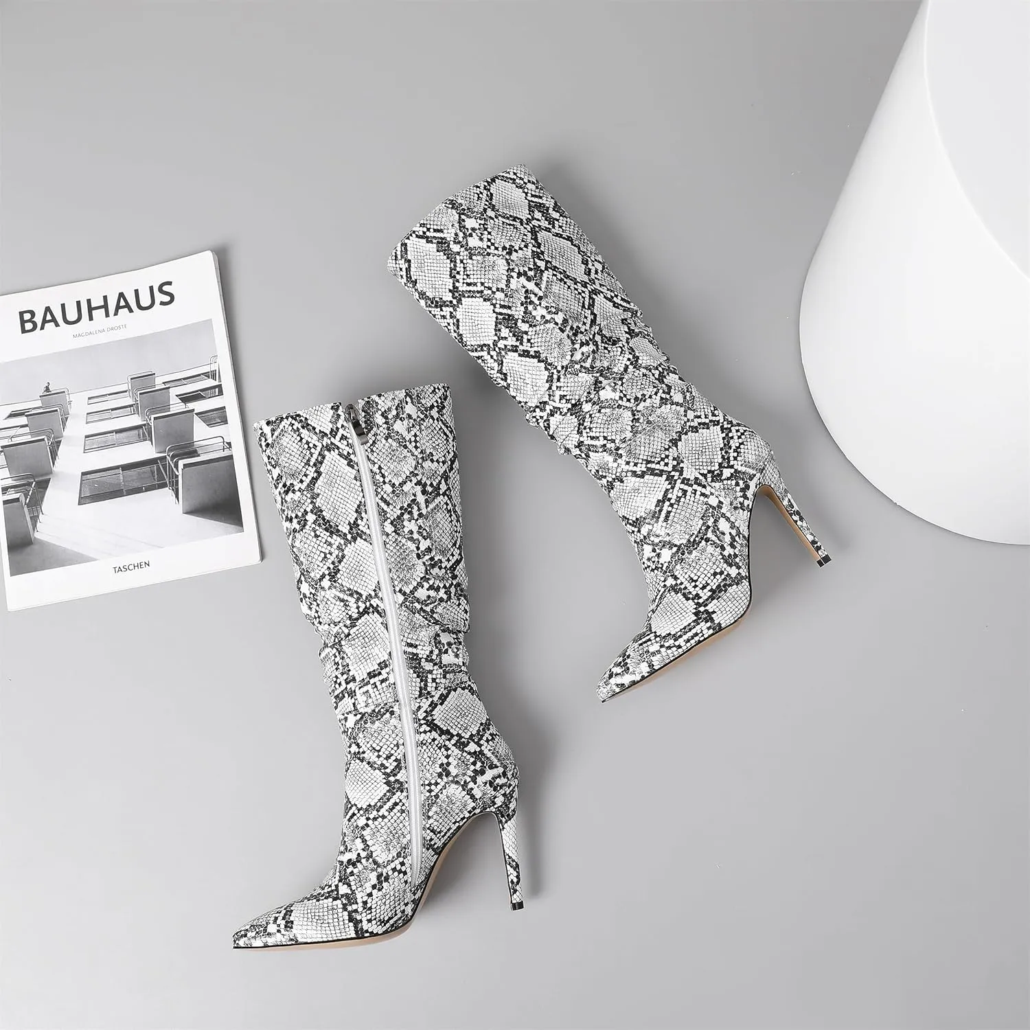 perixir Snakeskin Boots Knee High Boots Women Sexy Stunning and Stylish Exquisite Pointed Toe Fine High Heels Pleated