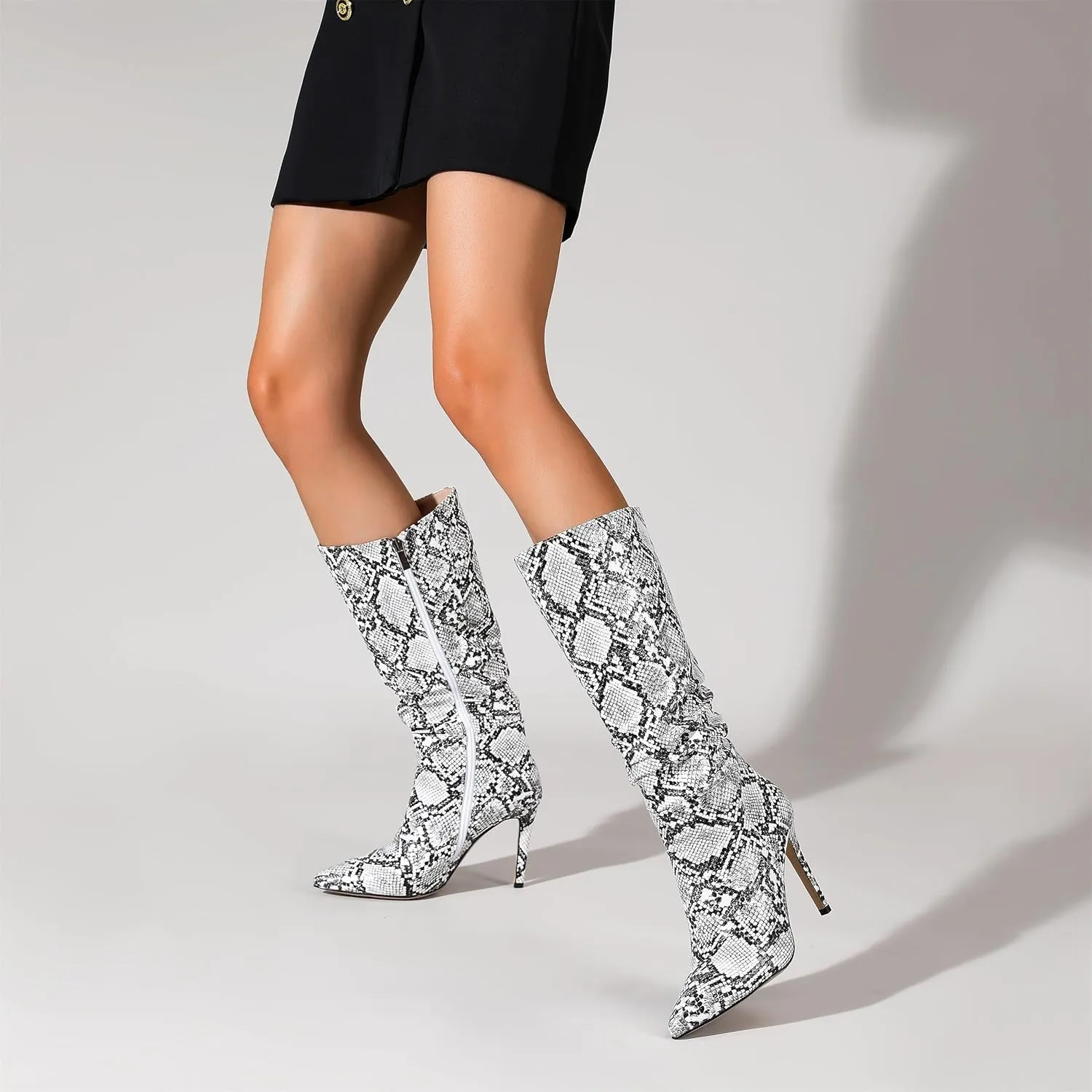 perixir Snakeskin Boots Knee High Boots Women Sexy Stunning and Stylish Exquisite Pointed Toe Fine High Heels Pleated