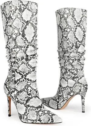 perixir Snakeskin Boots Knee High Boots Women Sexy Stunning and Stylish Exquisite Pointed Toe Fine High Heels Pleated