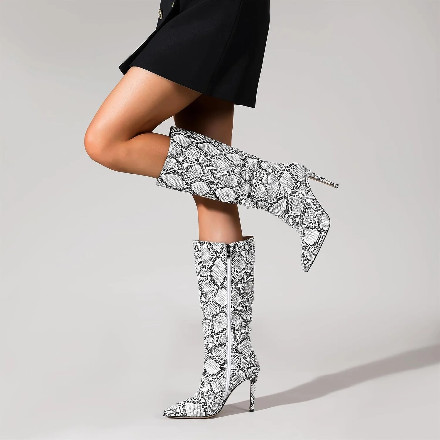 perixir Snakeskin Boots Knee High Boots Women Sexy Stunning and Stylish Exquisite Pointed Toe Fine High Heels Pleated