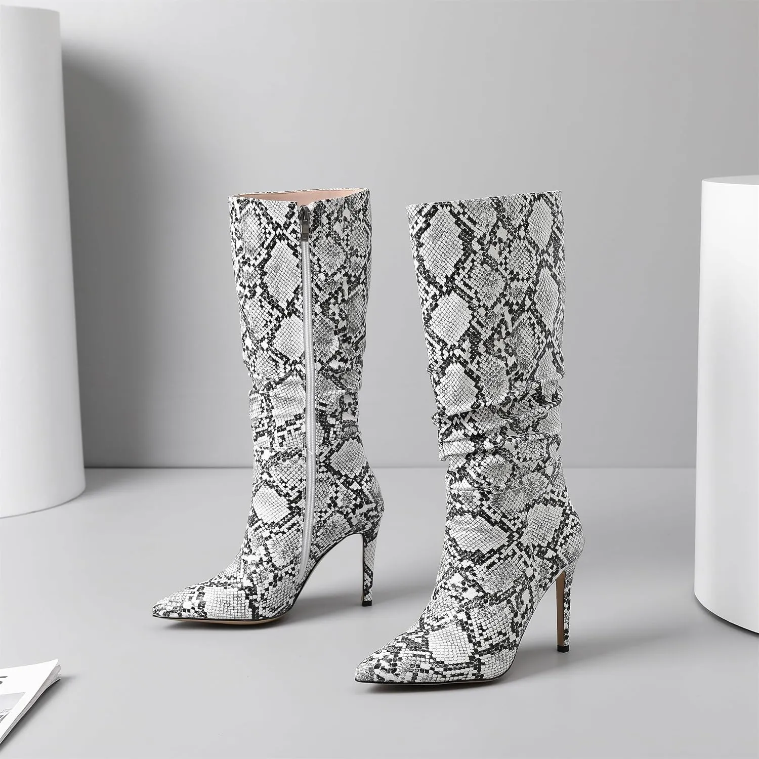 perixir Snakeskin Boots Knee High Boots Women Sexy Stunning and Stylish Exquisite Pointed Toe Fine High Heels Pleated
