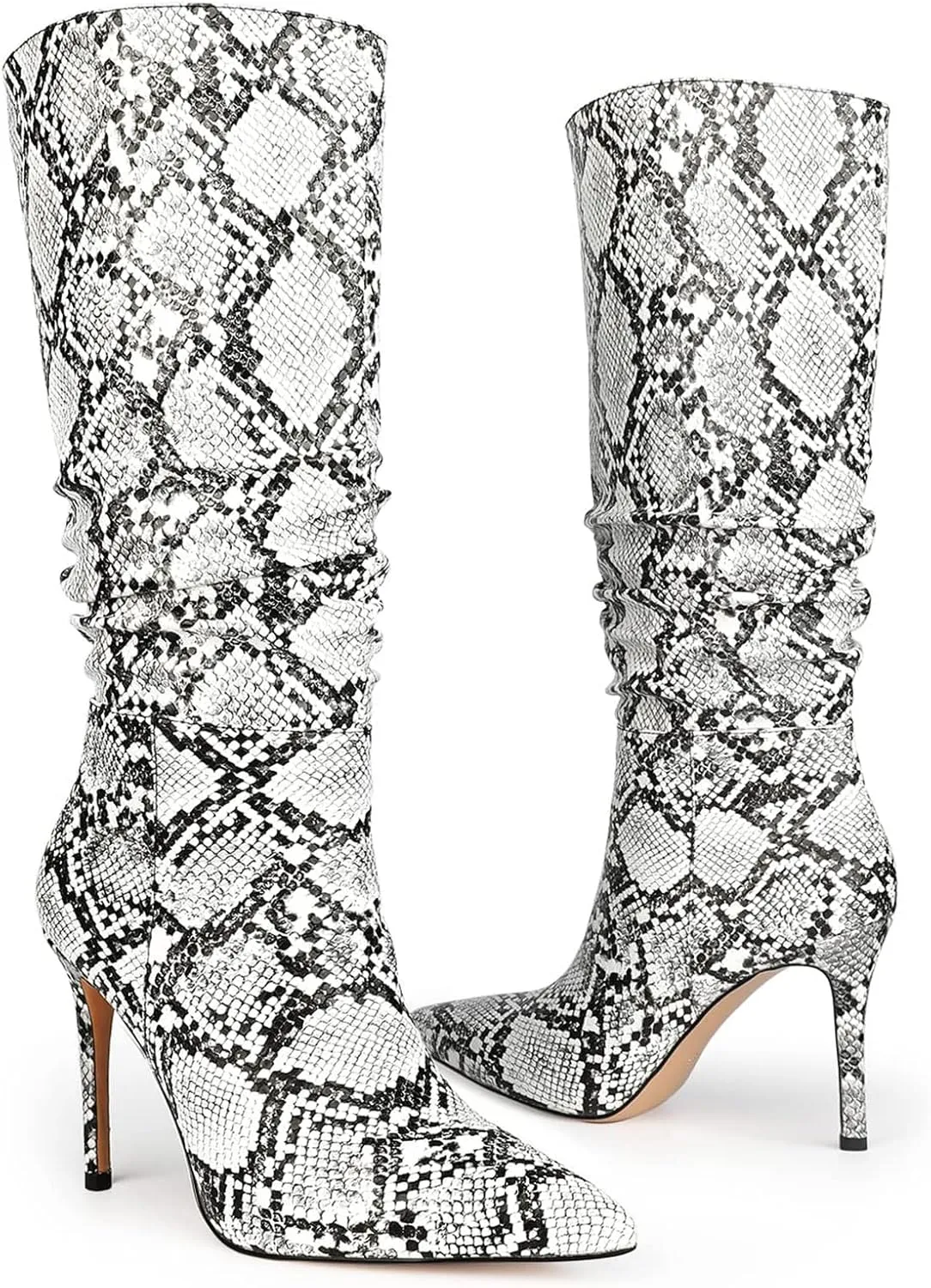 perixir Snakeskin Boots Knee High Boots Women Sexy Stunning and Stylish Exquisite Pointed Toe Fine High Heels Pleated