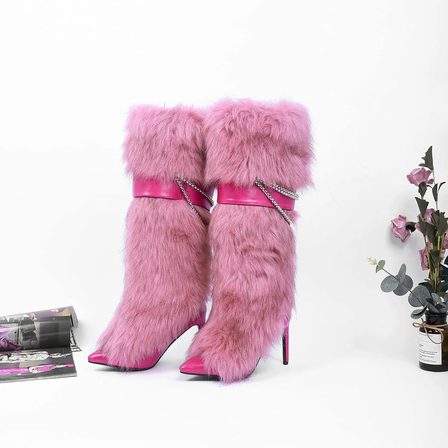 Pink Fluffy Boots for Women Knee High Wide Calf with Heel Fluffy Sexy Womens Snow Boots Fashion Winter Warm Women Boots Elegantes Dress Boot Shoes