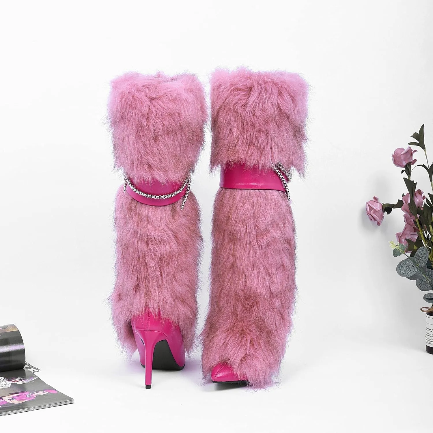 Pink Fluffy Boots for Women Knee High Wide Calf with Heel Fluffy Sexy Womens Snow Boots Fashion Winter Warm Women Boots Elegantes Dress Boot Shoes