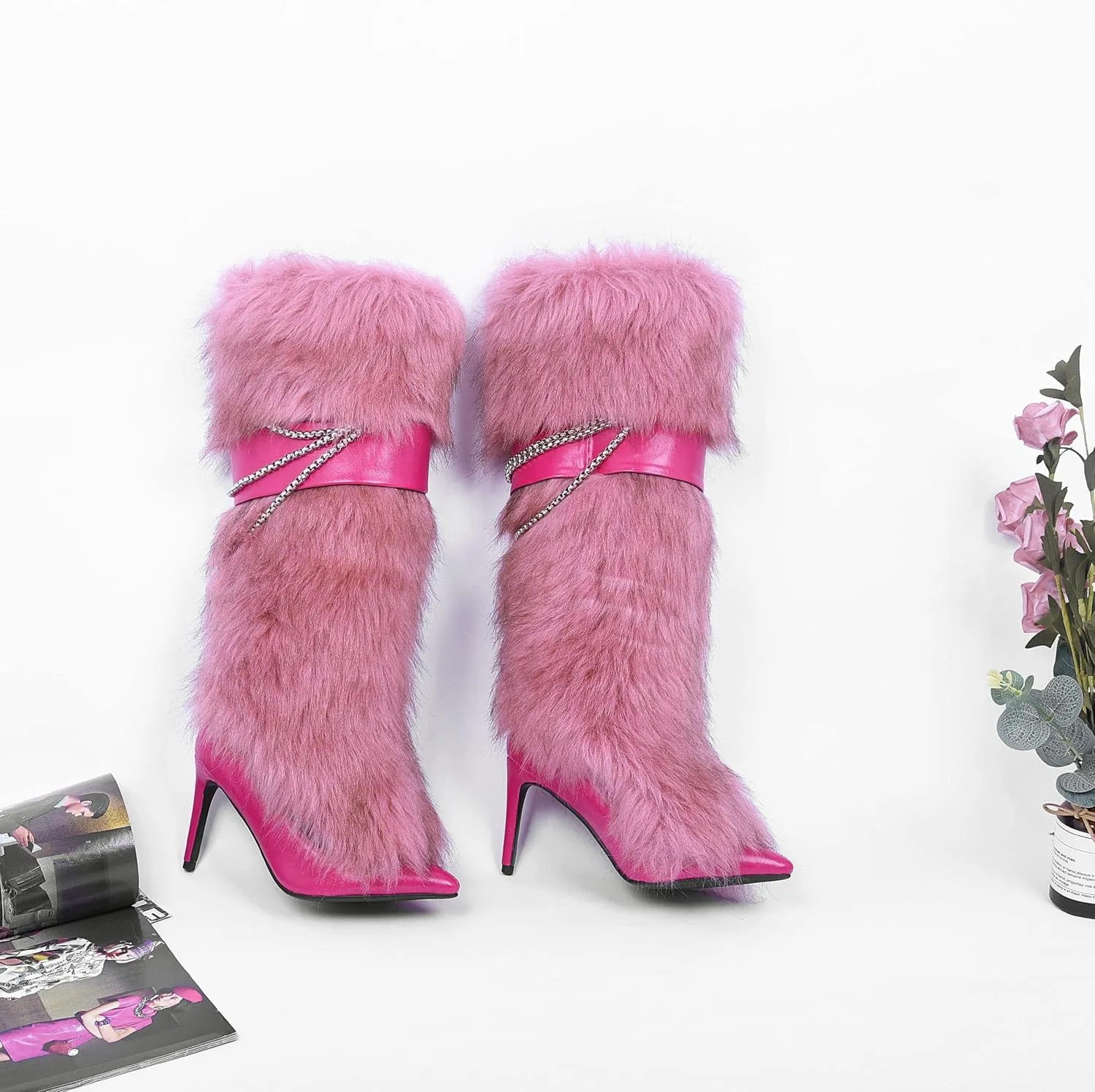 Pink Fluffy Boots for Women Knee High Wide Calf with Heel Fluffy Sexy Womens Snow Boots Fashion Winter Warm Women Boots Elegantes Dress Boot Shoes