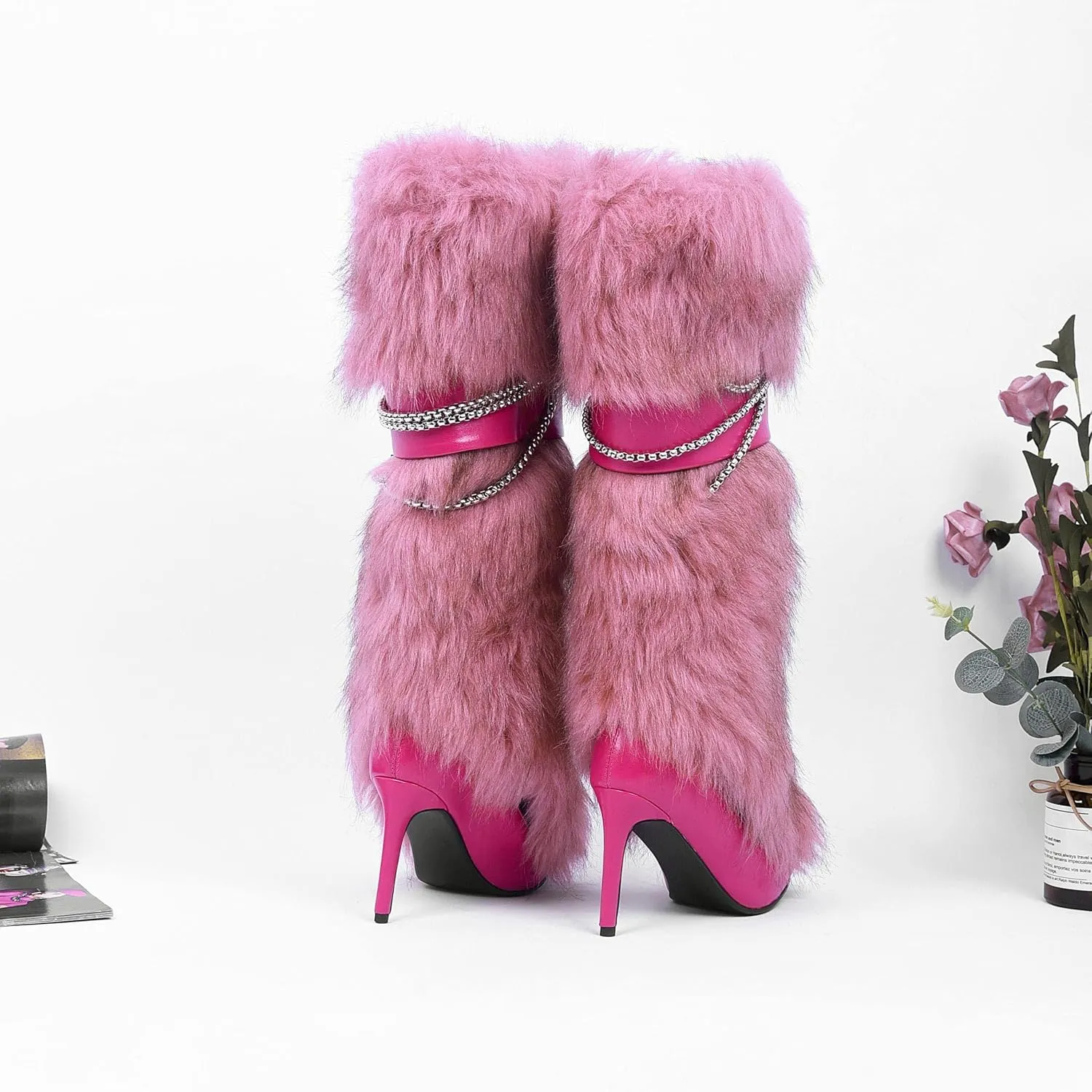 Pink Fluffy Boots for Women Knee High Wide Calf with Heel Fluffy Sexy Womens Snow Boots Fashion Winter Warm Women Boots Elegantes Dress Boot Shoes