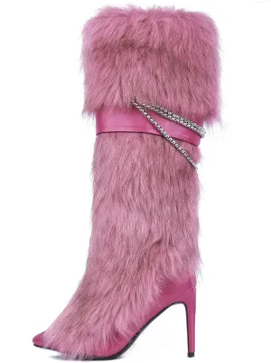 Pink Fluffy Boots for Women Knee High Wide Calf with Heel Fluffy Sexy Womens Snow Boots Fashion Winter Warm Women Boots Elegantes Dress Boot Shoes