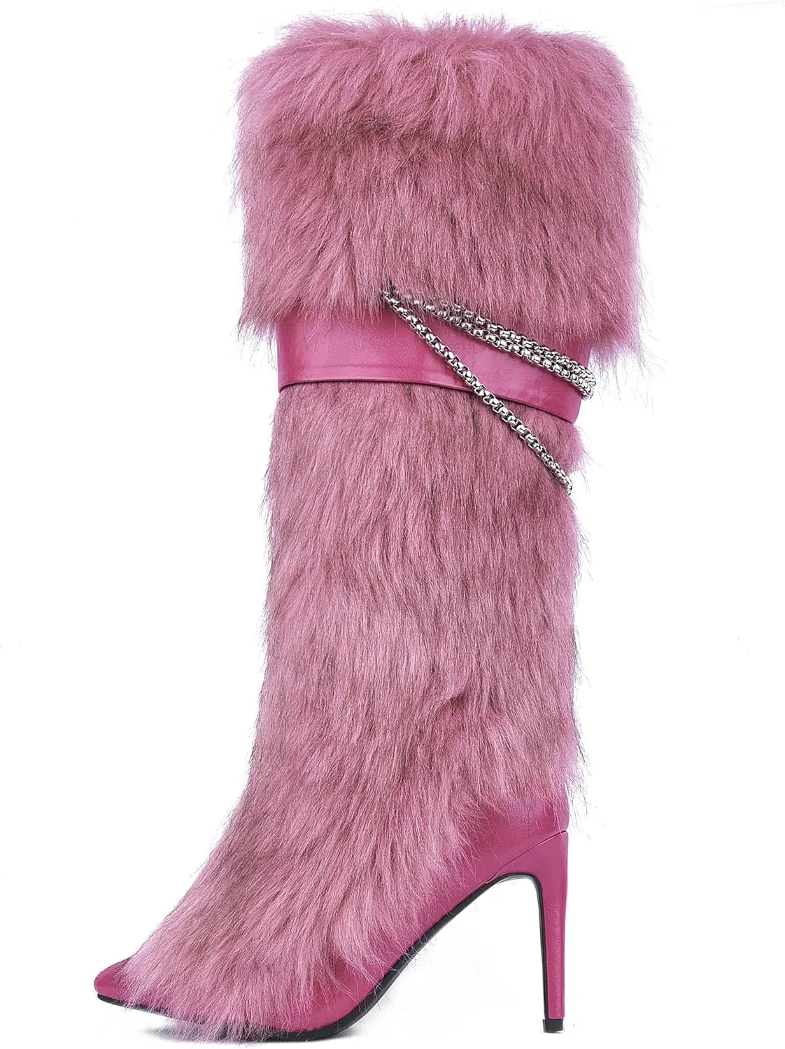 Pink Fluffy Boots for Women Knee High Wide Calf with Heel Fluffy Sexy Womens Snow Boots Fashion Winter Warm Women Boots Elegantes Dress Boot Shoes