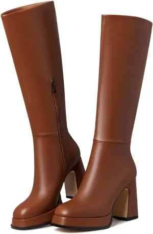 Platform Knee High Square Toe Fashion Fall Goth Tall Long Boots with Zipper Combat Wide Calf Dress Party Club Shoes Motorcycle