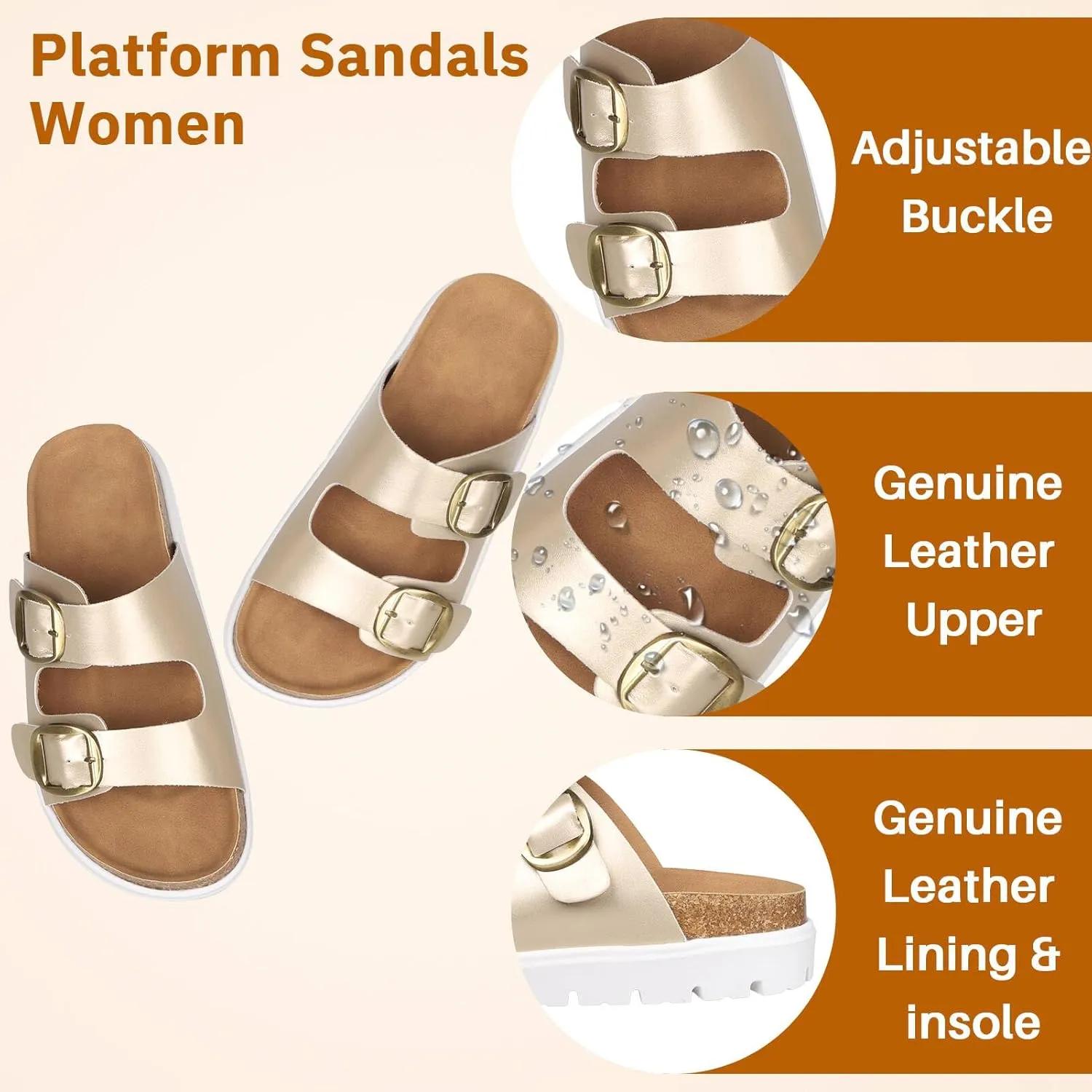 Platform Sandals for Women Wedge Chunky Sandal Womens Leather Sandals with Adjustable Buckle Straps and Memory Foam Insole