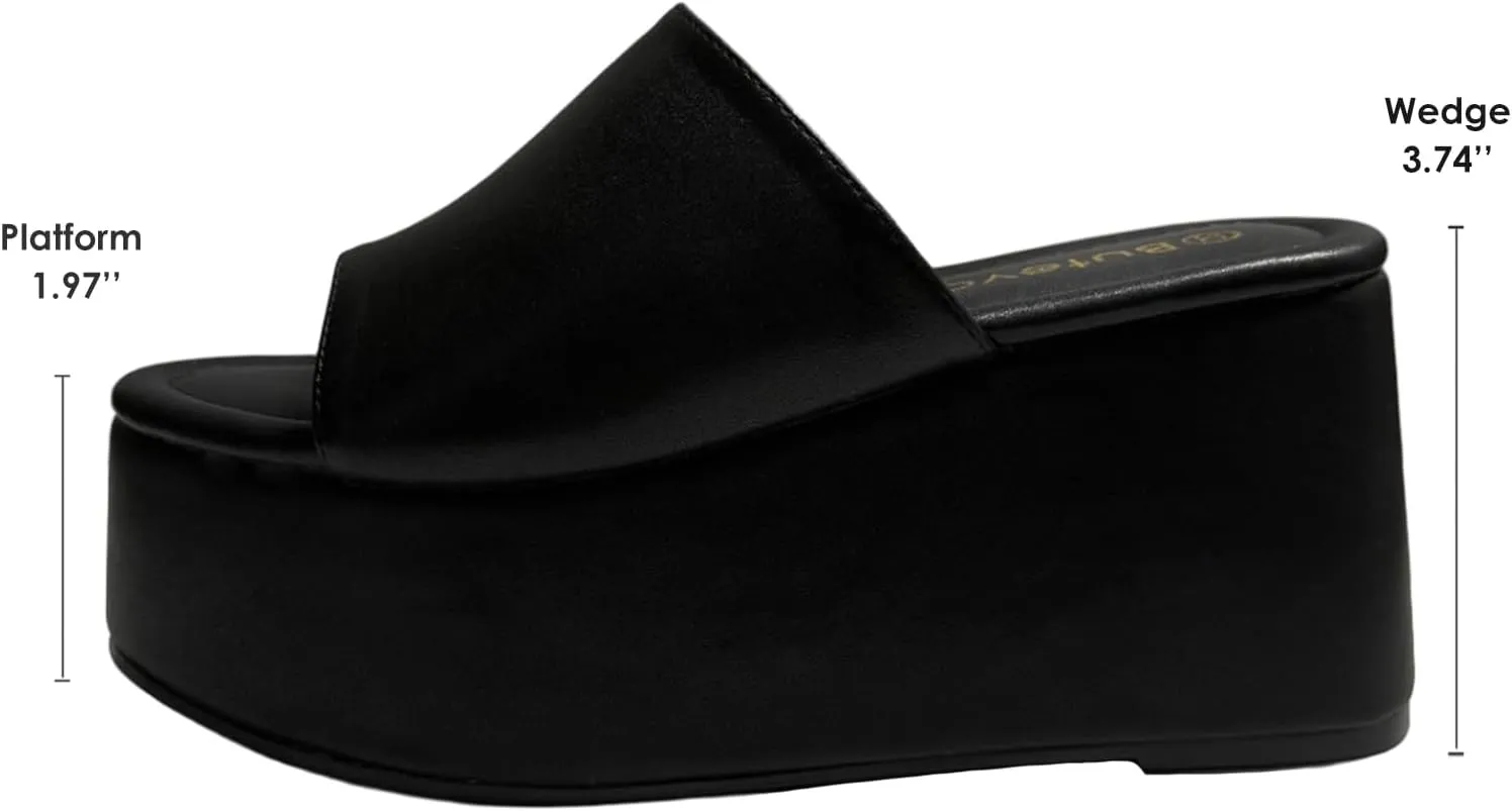 Platform Sandals Slides for Women Black Chunky Platform Wedge Comfortable Open Toe Slip on Flatform Sandals Casual