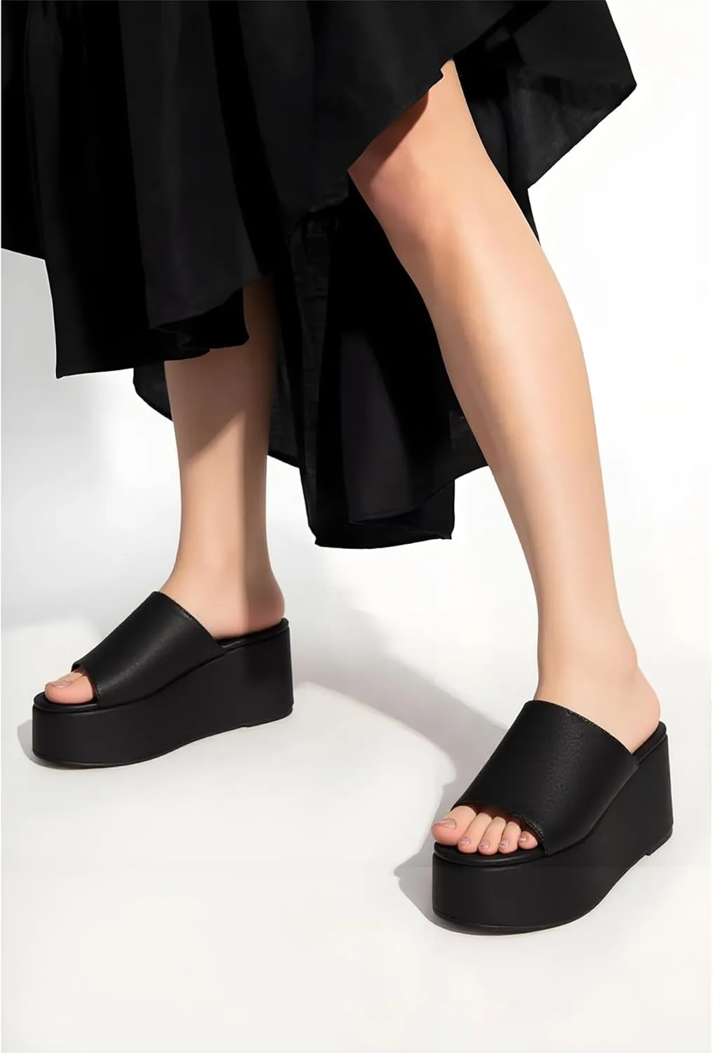 Platform Sandals Slides for Women Black Chunky Platform Wedge Comfortable Open Toe Slip on Flatform Sandals Casual