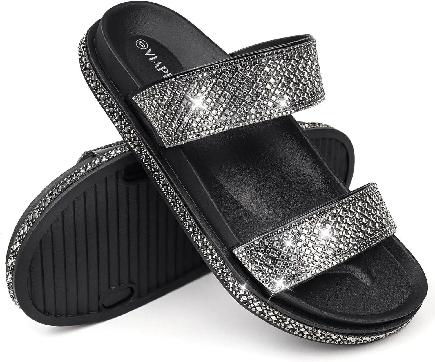 Platform Sandals Women,Womens Sandals with Rhinestone Dressy-Sandals Women Glitter Open-Toe Double Strap Arch-Support Slides Summer Sandals Vacation Comfortable