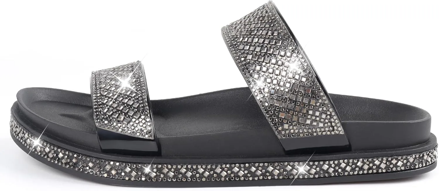 Platform Sandals Women,Womens Sandals with Rhinestone Dressy-Sandals Women Glitter Open-Toe Double Strap Arch-Support Slides Summer Sandals Vacation Comfortable
