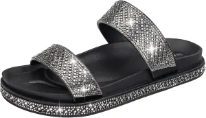 Platform Sandals Women,Womens Sandals with Rhinestone Dressy-Sandals Women Glitter Open-Toe Double Strap Arch-Support Slides Summer Sandals Vacation Comfortable