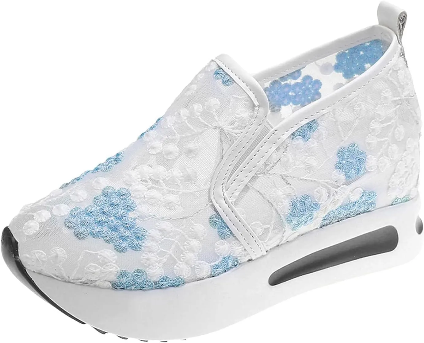 Platform Wedge Sneakers for Women Dressy Casual High Heel Loafers Floral Embroidery Tennis Shoes Breathable Walking Shoe Comfortable Sheer Mesh Slip on Shoe Chunky Sole Sneaker with Arch Support