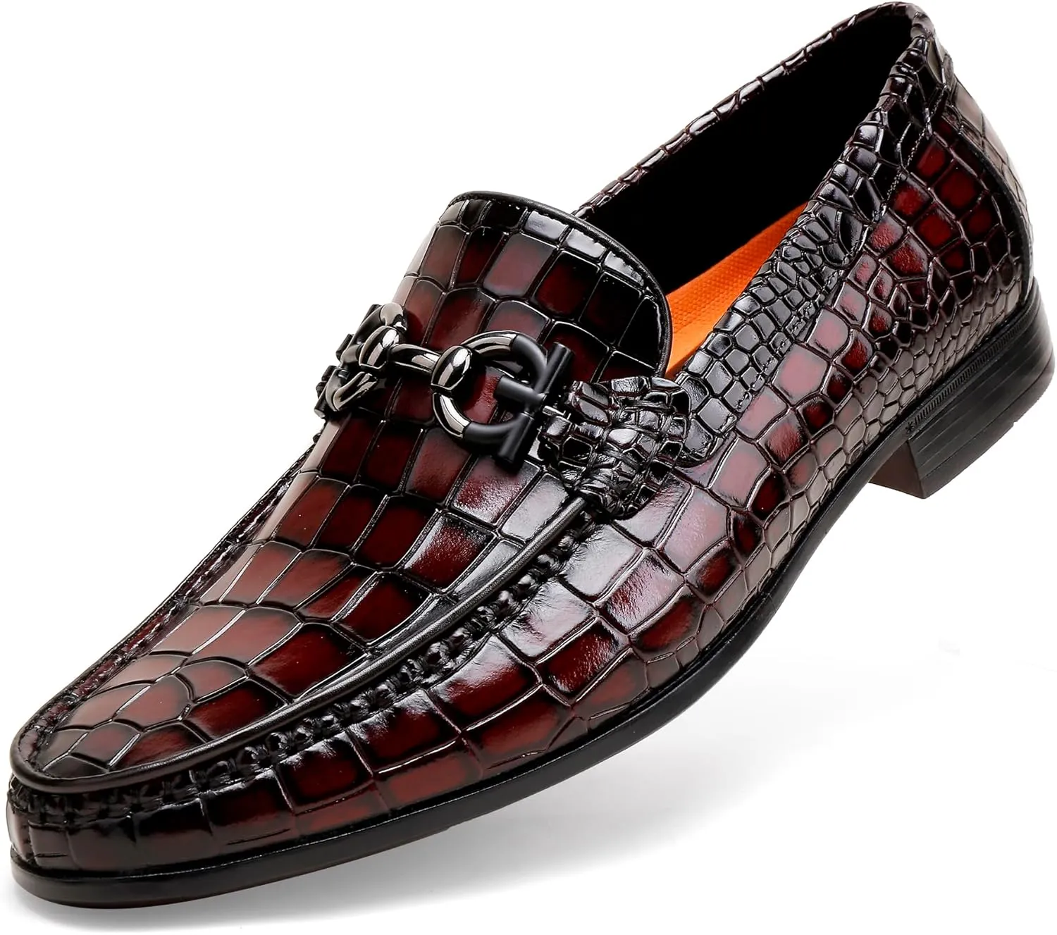 Premium Men's Leather Dress Shoes, Casual Alligator Printed Wedding Slip on Loafers Buckle Business Dress Penny Shoes for Mens